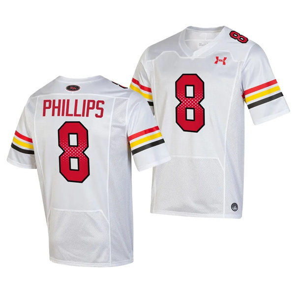 Mens Youth Maryland Terrapins #8 Jordan Phillips 2023 White SCRIPT TERMS Football Jersey