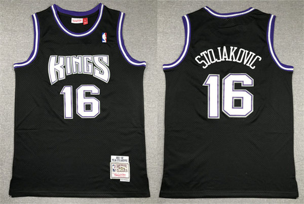 Mens Sacramento Kings Retired Player #16 Peja Stojakovic Mitchell & Ness Black 2001-02 Hardwood Classics Swingman Jersey