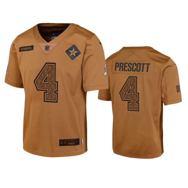 Youth Dallas Cowboys #4 Dak Prescott Brown 2023 Salute To Service Limited Jersey