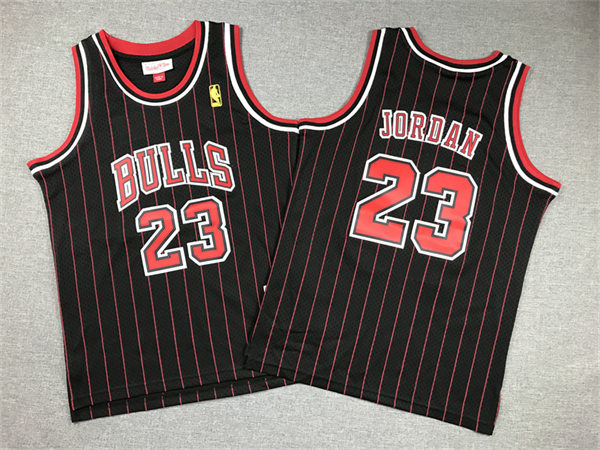 Youth Chicago Bulls #23 Michael Jordan 1996-97 Black Pinstripe Hardwood Classics Throwback Jersey