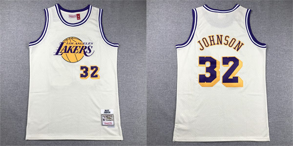 Mens Los Angeles Lakers #32 Magic Johnson Mitchell & Ness Chainstitch Swingman Jersey - Cream