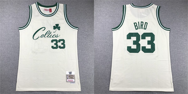 Mens Boston Celtics #33 Larry Bird Mitchell & Ness Chainstitch Swingman Jersey - Cream