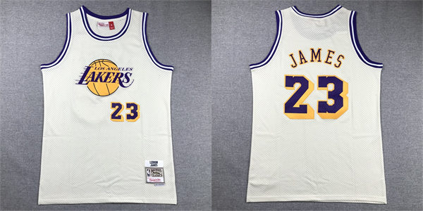 Mens Los Angeles Lakers #23 LeBron James Mitchell & Ness Chainstitch Swingman Jersey - Cream