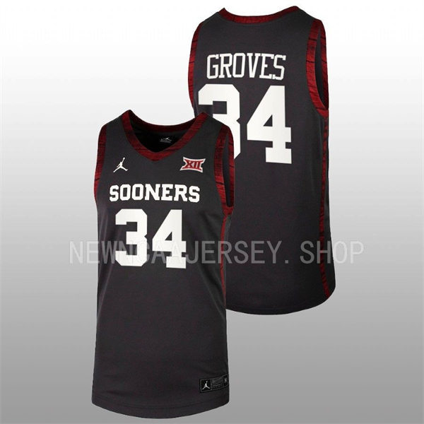 Mens Youth Oklahoma Sooners #34 Jacob Groves 2022-23 College Basketball Game Jersey Black