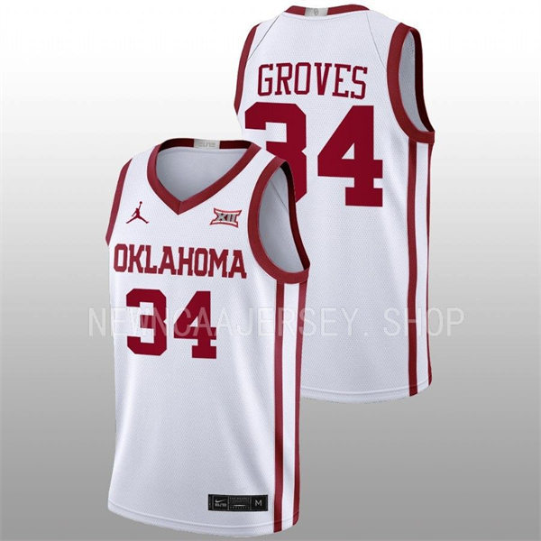 Mens Youth Oklahoma Sooners #34 Jacob Groves White 2022-23 College Basketball Game Jersey