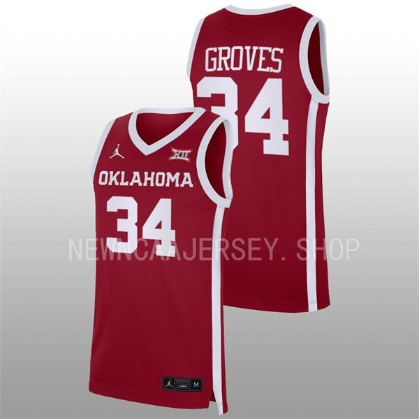 Mens Youth Oklahoma Sooners #34 Jacob Groves 2022-23 College Basketball Game Jersey Crimson