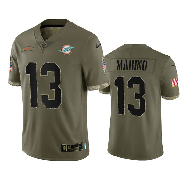 Mens Miami Dolphins #13 Dan Marino Olive 2022 Salute To Service Limited Jersey