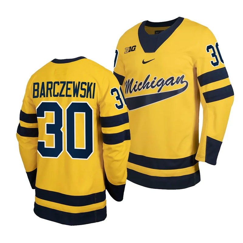 Mens Youth Michigan Wolverines #30 Jacob Barczewski 2023-24 Maize Hockey Jersey