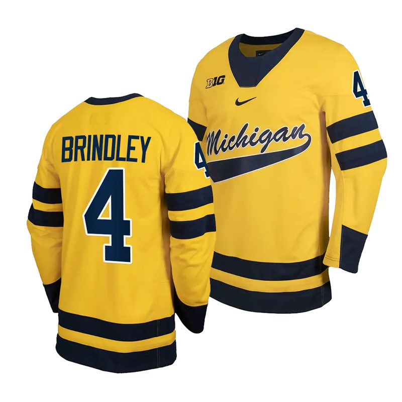 Mens Youth Michigan Wolverines #4 Gavin Brindley 2023-24 Maize Hockey Jersey