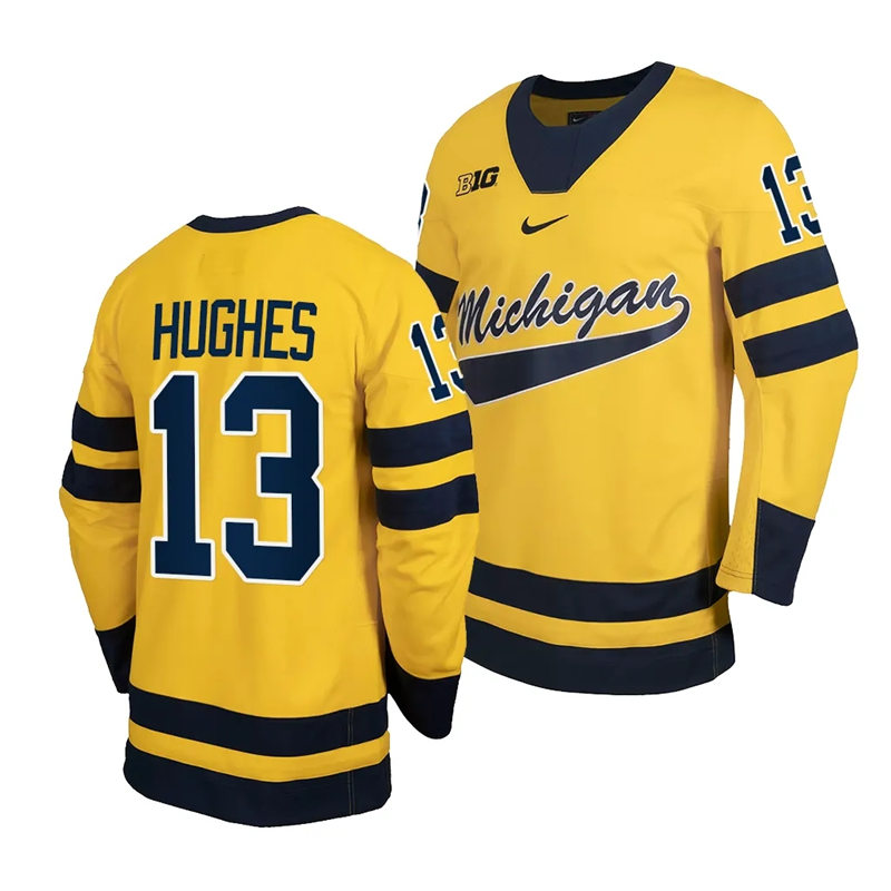 Mens Youth Michigan Wolverines #13 T.J. Hughes 2023-24 Maize Hockey Jersey