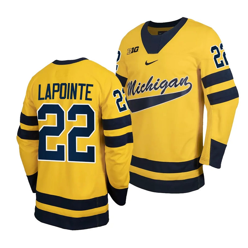Mens Youth Michigan Wolverines #22 Philippe Lapointe 2023-24 Maize Hockey Jersey