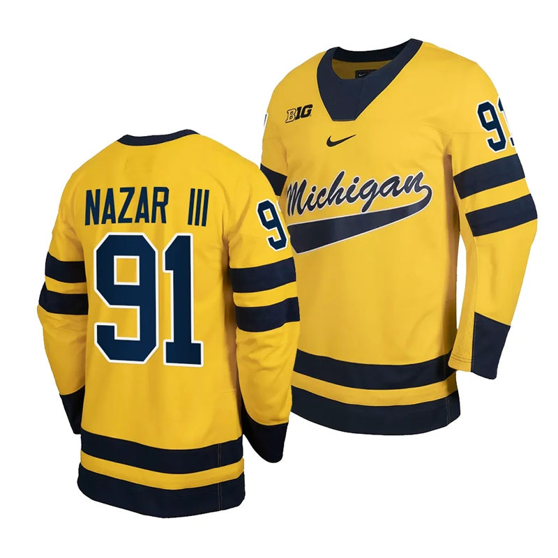 Mens Youth Michigan Wolverines #91 Frank Nazar III 2023-24 Maize Hockey Jersey