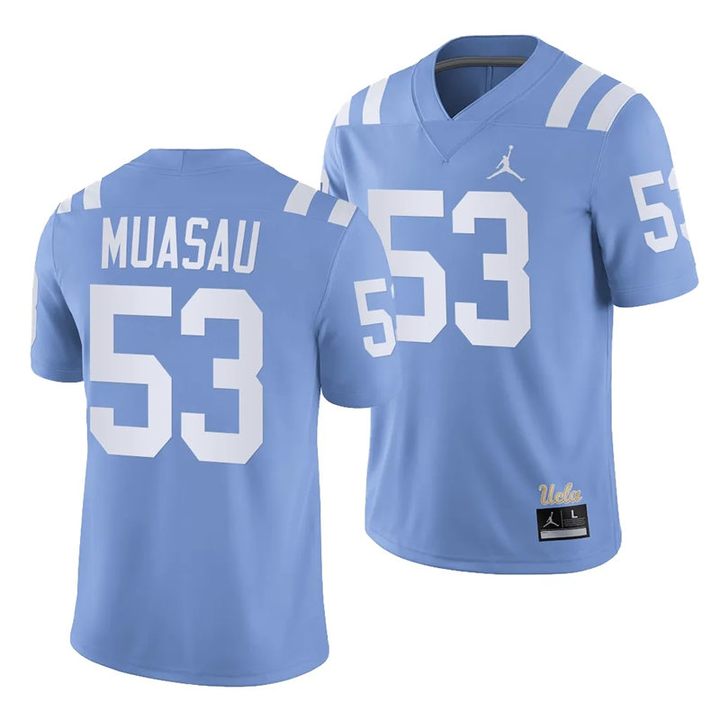 Mens Youth UCLA Bruins #53 Darius Muasau 2023 Light Blue College Football Homecoming throwback uniforms Jersey