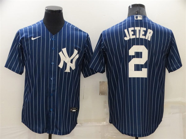Mens New York Yankees Retired Player #2 Derek Jeter Nike Navy Pinstripe Cooperstown Collection Jersey