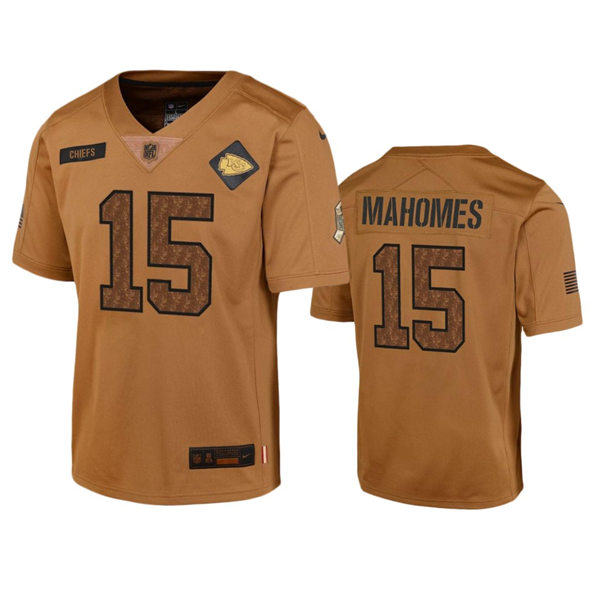 Youth Kansas City Chiefs #15 Patrick Mahomes Brown 2023 Salute To Service Limited Jersey