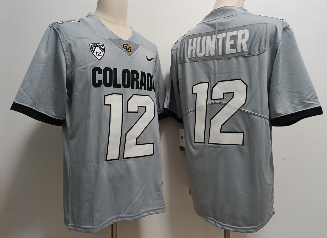 Mens Colorado Buffaloes #12 Travis Hunter 2023 Grey Football Game Jersey