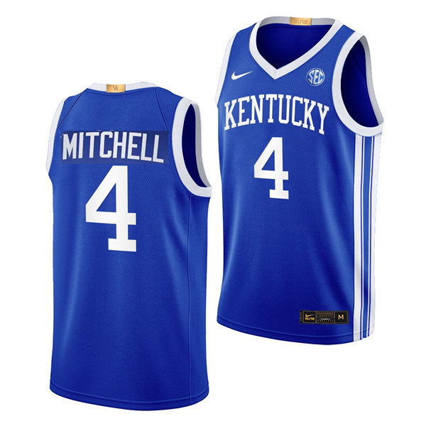Mens Youth Kentucky Wildcats #4 Tre Mitchell Royal Away 2023-24 College Basketball Game Jersey