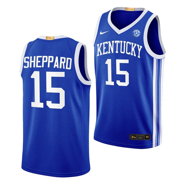 Mens Youth Kentucky Wildcats #15 Reed Sheppard Royal Away 2023-24 College Basketball Game Jersey