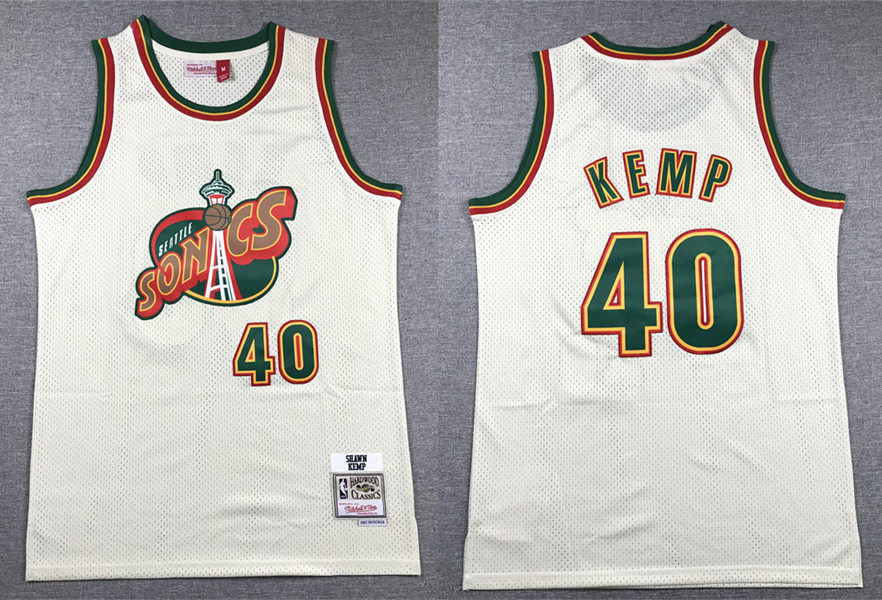 Men's Seattle Supersonics #40 Shawn Kemp Mitchell & Ness Chainstitch Swingman Jersey - Cream