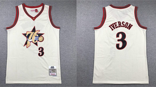 Men's Philadelphia 76ers 76ers #3 Allen Iverson Mitchell & Ness Chainstitch Swingman Jersey - Cream