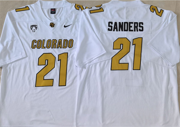 Mens Colorado Buffaloes #21 Shilo Sanders 2023 White Gold Football Jersey
