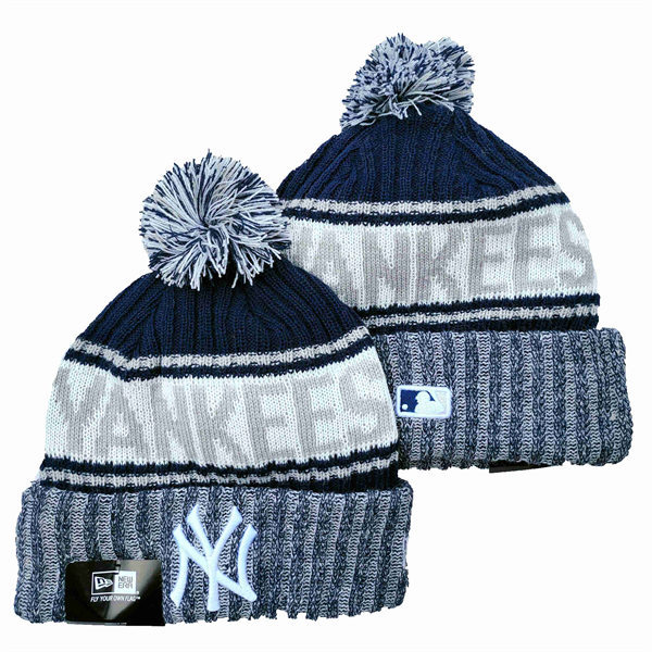 New York Yankees embroidered Cuffed Pom Knit Hat Grey White YD221201 (1)