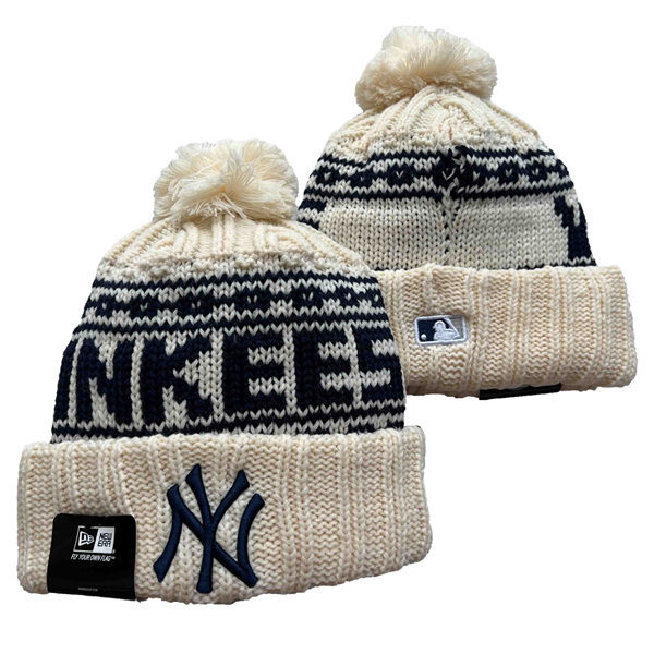 New York Yankees embroidered Cuffed Pom Knit Hat Cream YD221201 (4)