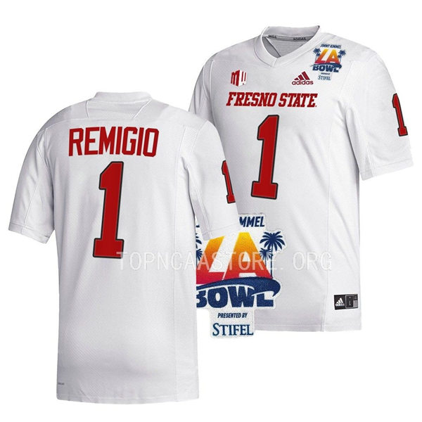 Mens Youth Fresno State Bulldogs #1 Nikko Remigio Adidas White College Football 2022 LA Bowl Game Jersey