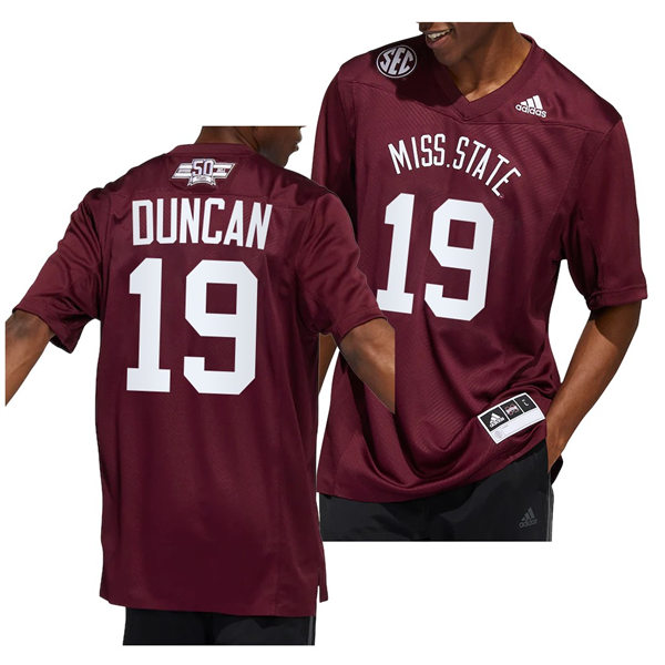Mens Youth Mississippi State Bulldogs #19 Collin Duncan Football Dowsing x Bell 50 Year Anniversar Jersey Maroon 