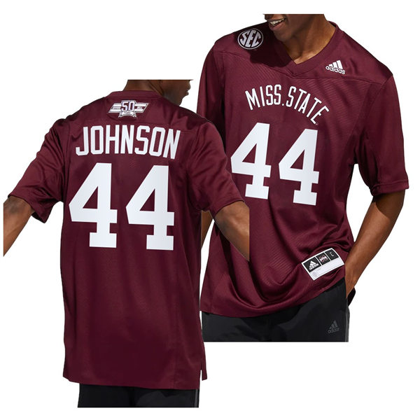 Mens Youth Mississippi State Bulldogs #44 Jett Johnson Football Dowsing x Bell 50 Year Anniversar Jersey Maroon 