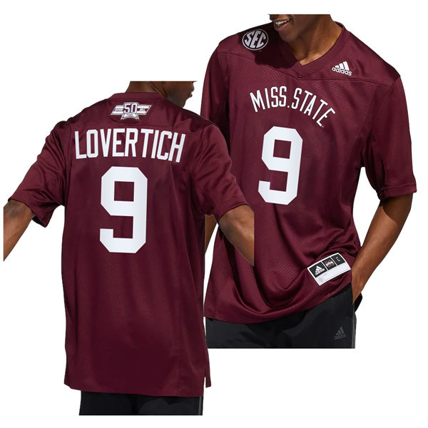 Mens Youth Mississippi State Bulldogs #9 Chance Lovertich Football Dowsing x Bell 50 Year Anniversar Jersey Maroon 