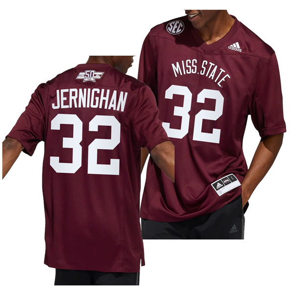 Mens Youth Mississippi State Bulldogs #32 J.J. Jernighan Football Dowsing x Bell 50 Year Anniversar Jersey Maroon 