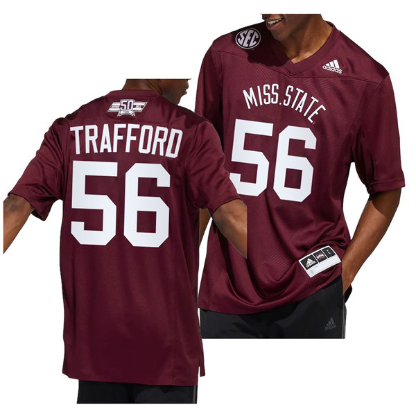 Mens Youth Mississippi State Bulldogs #56 Archer Trafford Football Dowsing x Bell 50 Year Anniversar Jersey Maroon 