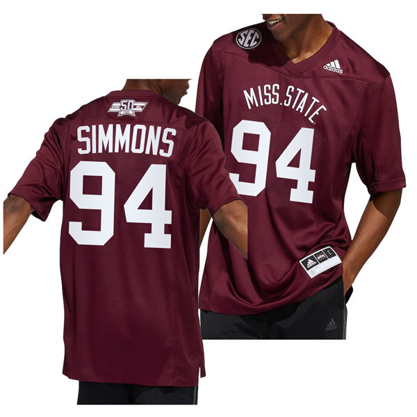 Mens Youth Mississippi State Bulldogs #94 Jeffery Simmons Football Dowsing x Bell 50 Year Anniversar Jersey Maroon 