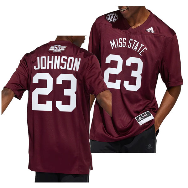 Mens Youth Mississippi State Bulldogs #23 Dillon Johnson Football Dowsing x Bell 50 Year Anniversar Jersey Maroon 
