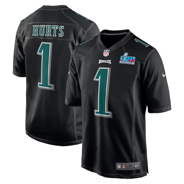 Mens Philadelphia Eagles #1 Jalen Hurts Nike Super Bowl LVII Patch Black Fashion Game Jersey