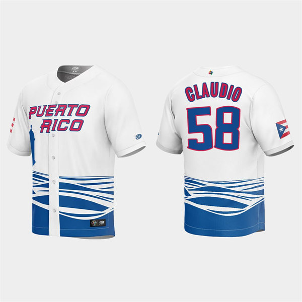 Mens Youth Puerto Rico #58 Alex Claudio 2023 World Baseball Classic Replica Jersey - White