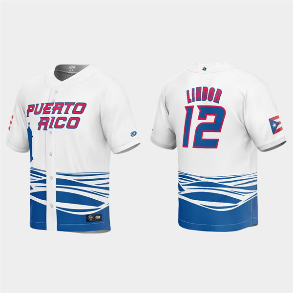 Mens Youth Puerto Rico #12 Francisco Lindor 2023 World Baseball Classic Replica Jersey - White