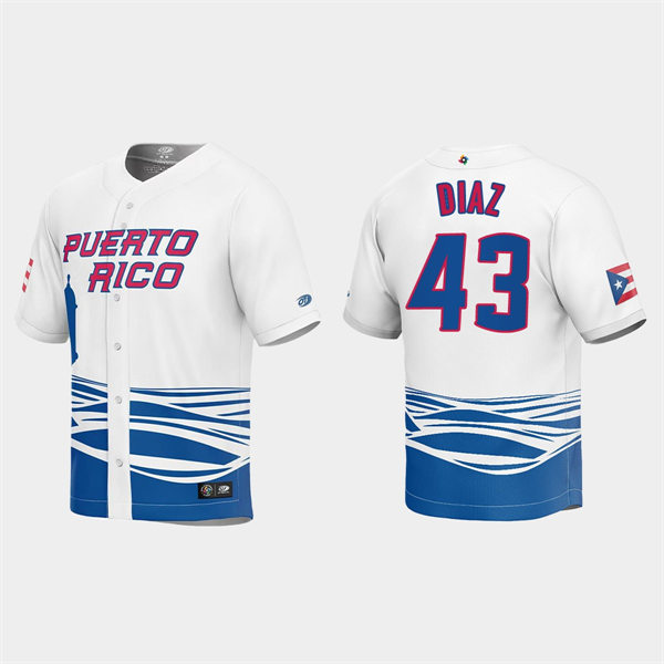 Mens Youth Puerto Rico #43 Alexis Diaz 2023 World Baseball Classic Replica Jersey - White