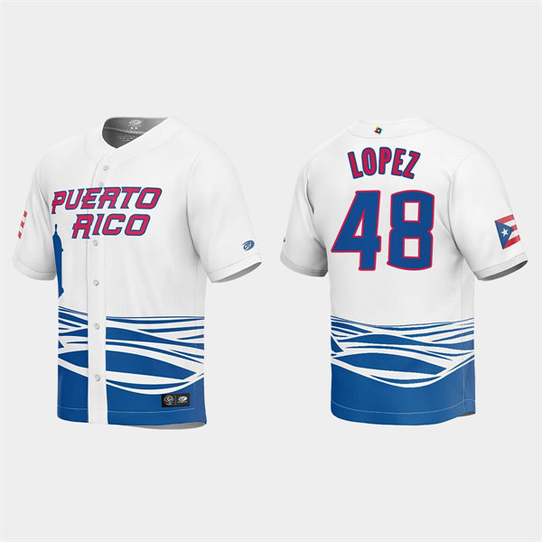 Mens Youth Puerto Rico #48 Jorge Lopez 2023 World Baseball Classic Replica Jersey - White
