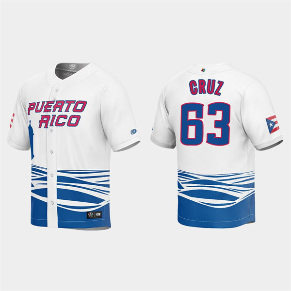 Mens Youth Puerto Rico #63 Fernando Cruz 2023 World Baseball Classic Replica Jersey - White