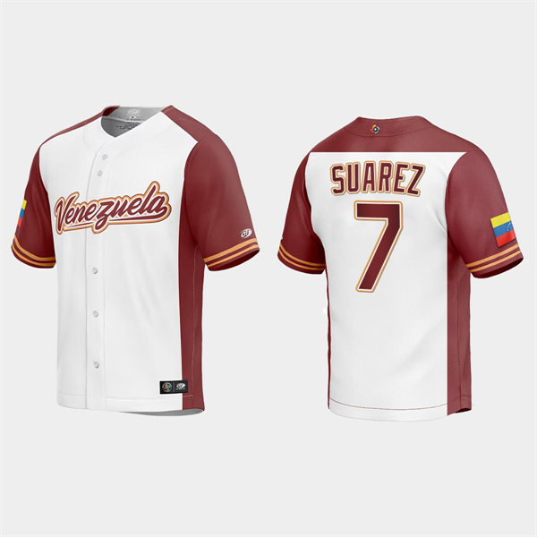 Mens Youth Venezuela #7 Eugenio Suarez Venezuela Baseball 2023 World Baseball Classic Replica Jersey - White