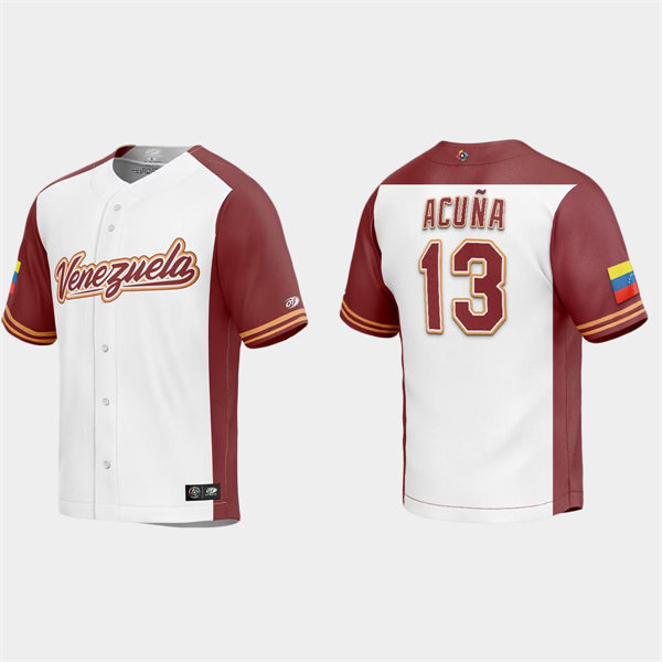 Mens Youth Venezuela #13 Ronald Acuna Jr. Venezuela Baseball 2023 World Baseball Classic Replica Jersey - White Burgundy