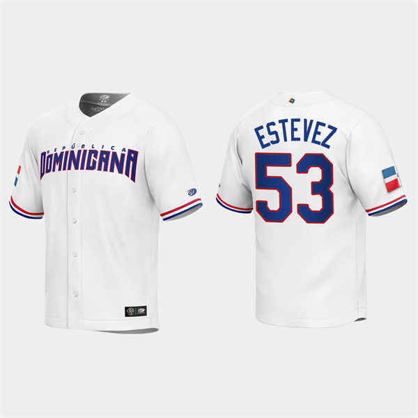 Mens Youth Dominican Republic #53 Carlos Estevez 2023 World Baseball Classic Replica Jersey - White