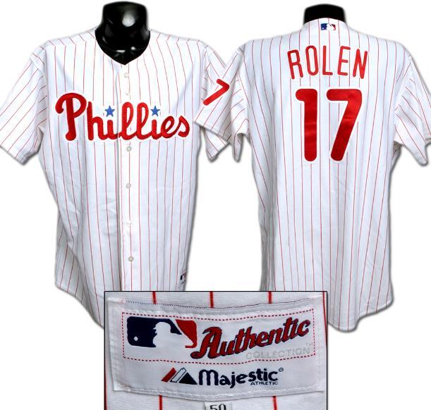 Mens Youth Philadelphia Phillies #17 Scott Rolen Majestic White Pinstripe 2002 Game-Worn Jersey