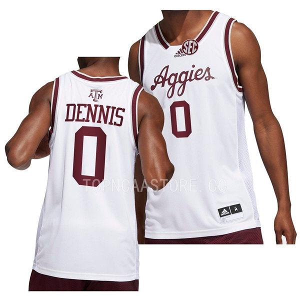 Mens Youth Texas AM Aggies #0 Dexter Dennis Adidas 2022-23 White Aggies College Basketball Game Jersey