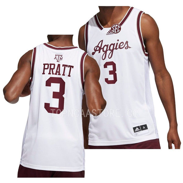Mens Youth Texas AM Aggies #3 Erik Pratt Adidas 2022-23 White Aggies College Basketball Game Jersey