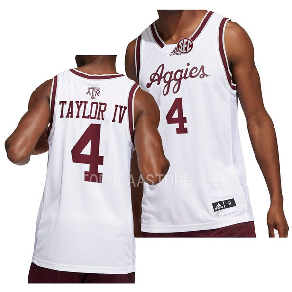 Mens Youth Texas AM Aggies #4 Wade Taylor IV Adidas 2022-23 White Aggies College Basketball Game Jersey