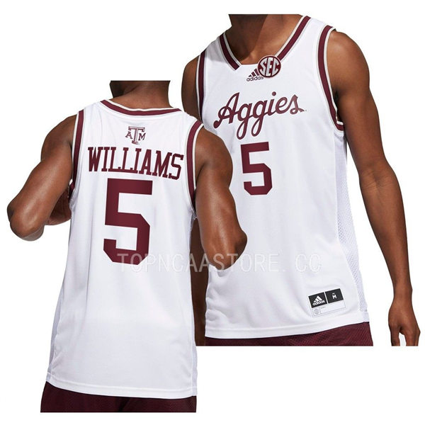 Mens Youth Texas AM Aggies #5 Jordan Williams Adidas 2022-23 White Aggies College Basketball Game Jersey