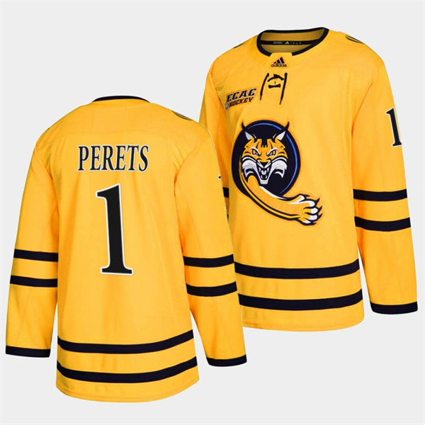 Mens Youth Quinnipiac Bobcats #1 Yaniv Perets 2022 Gold Alternate College Hockey Jersey